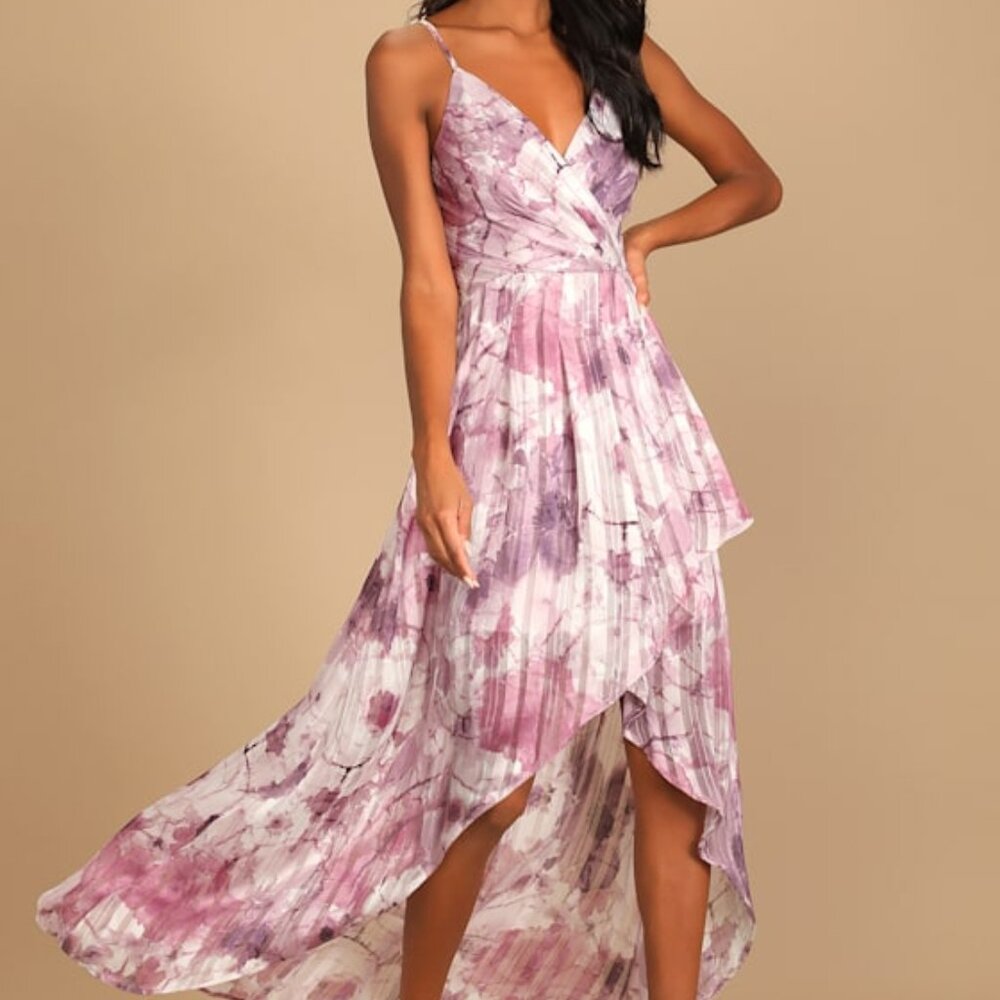 Lulus An Enchanting Dream Purple Multi Print High-low Maxi Dress - Size M